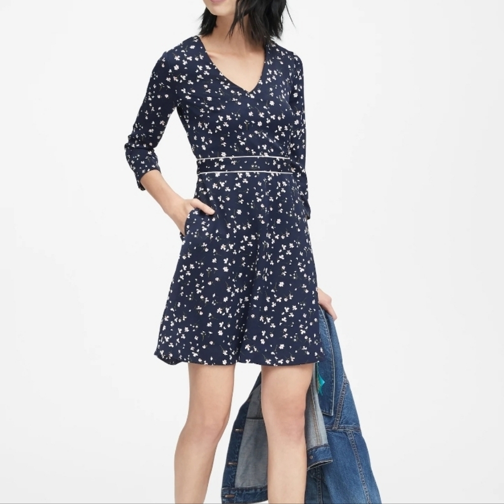 Banana Republic Blue and White Wrap Dress with Cuffed Sleeves